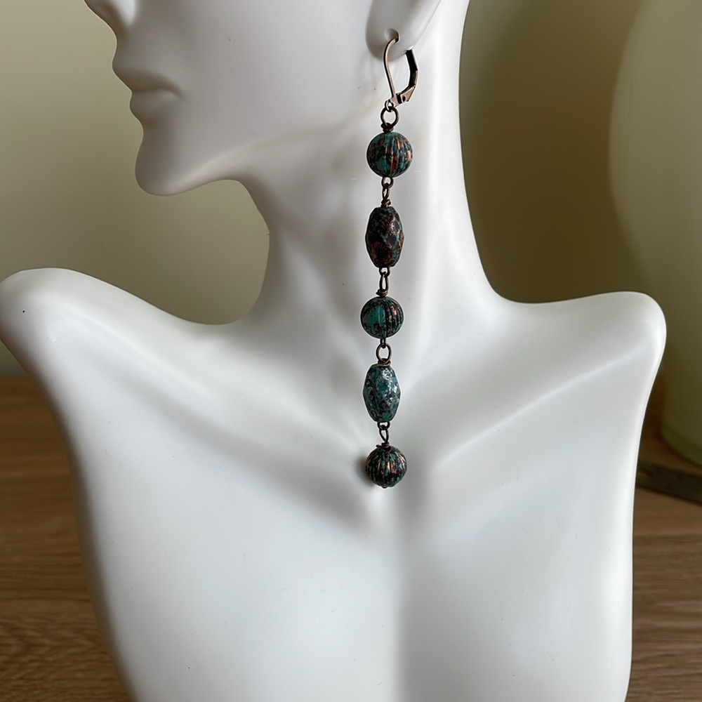 HAND CRAFTED SHOULDER DUSTER EARRINGS Patina Mint Green Copper Antiqued Brass